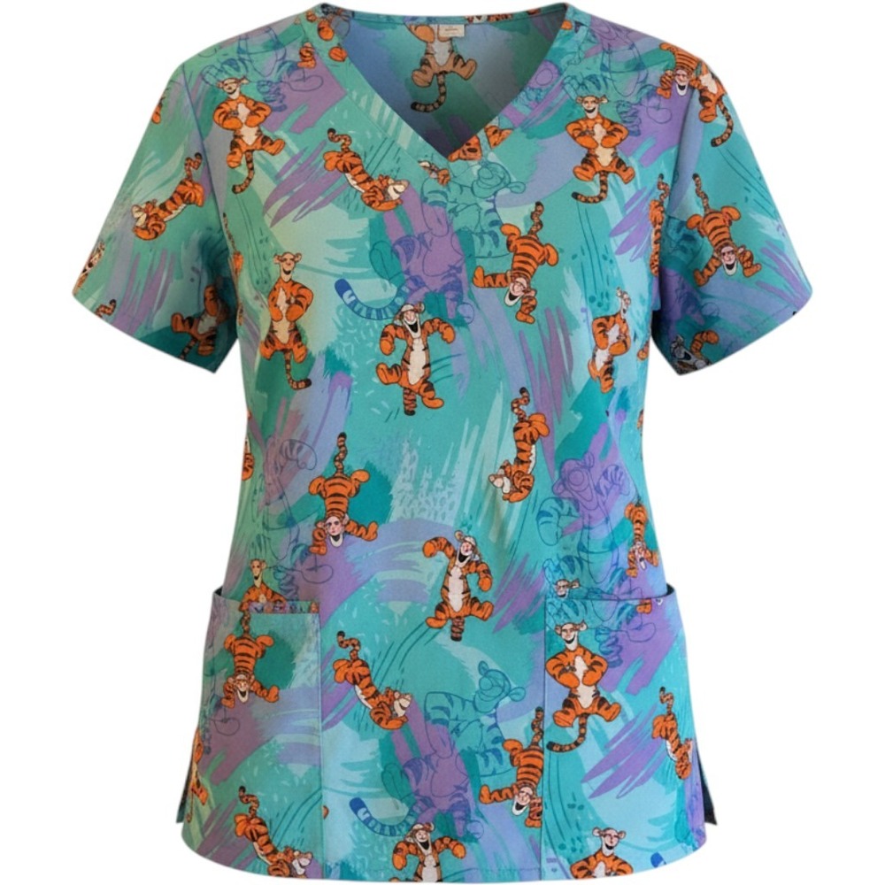 Disney Tigger Scrub Top Womens Nurse Large V-Neck Teal Purple Winnie the Pooh